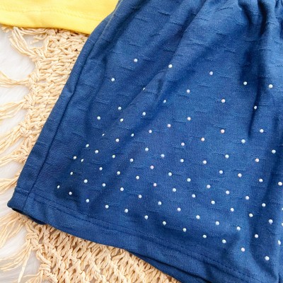 Conj. Blusa Love is the Bloom e Short com Strass - Amarelo e Marinho